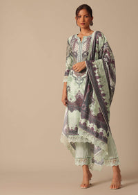 Mint Green Printed Kurta Set With Crochet Lace