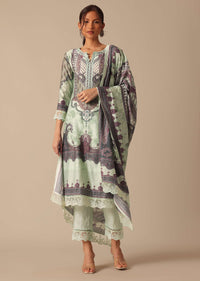 Mint Green Printed Kurta Set With Crochet Lace