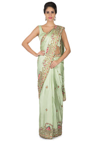 Mint green saree in french knot work and zardosi border