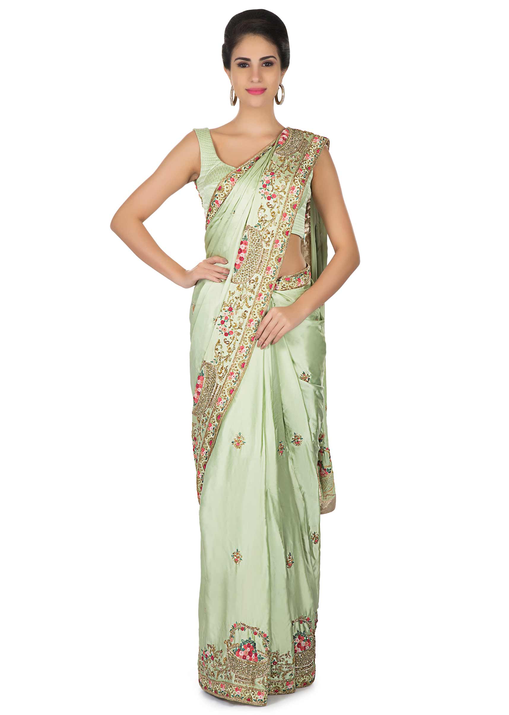 Mint green saree in french knot work and zardosi border