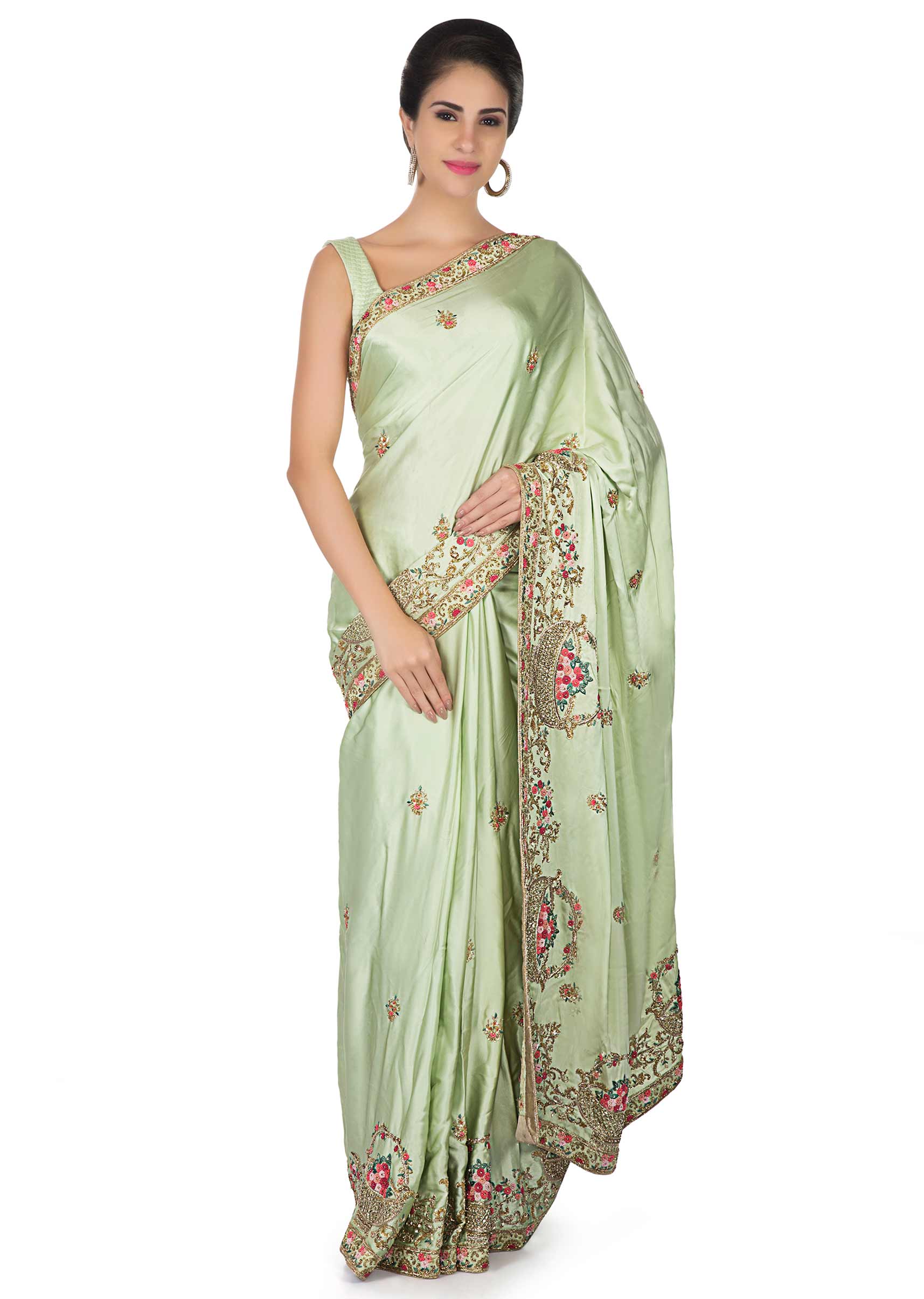 Mint green saree in french knot work and zardosi border