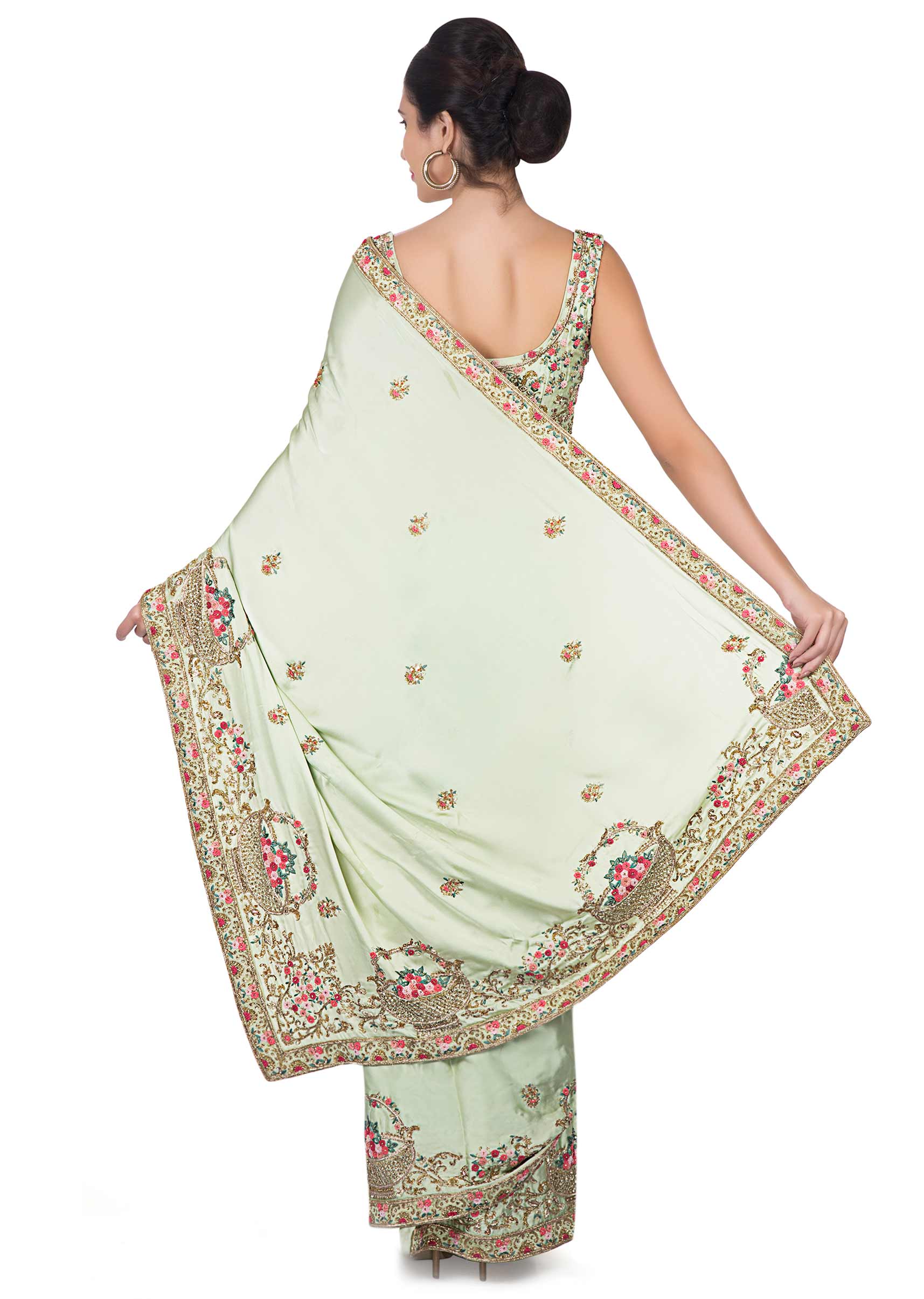Mint green saree in french knot work and zardosi border