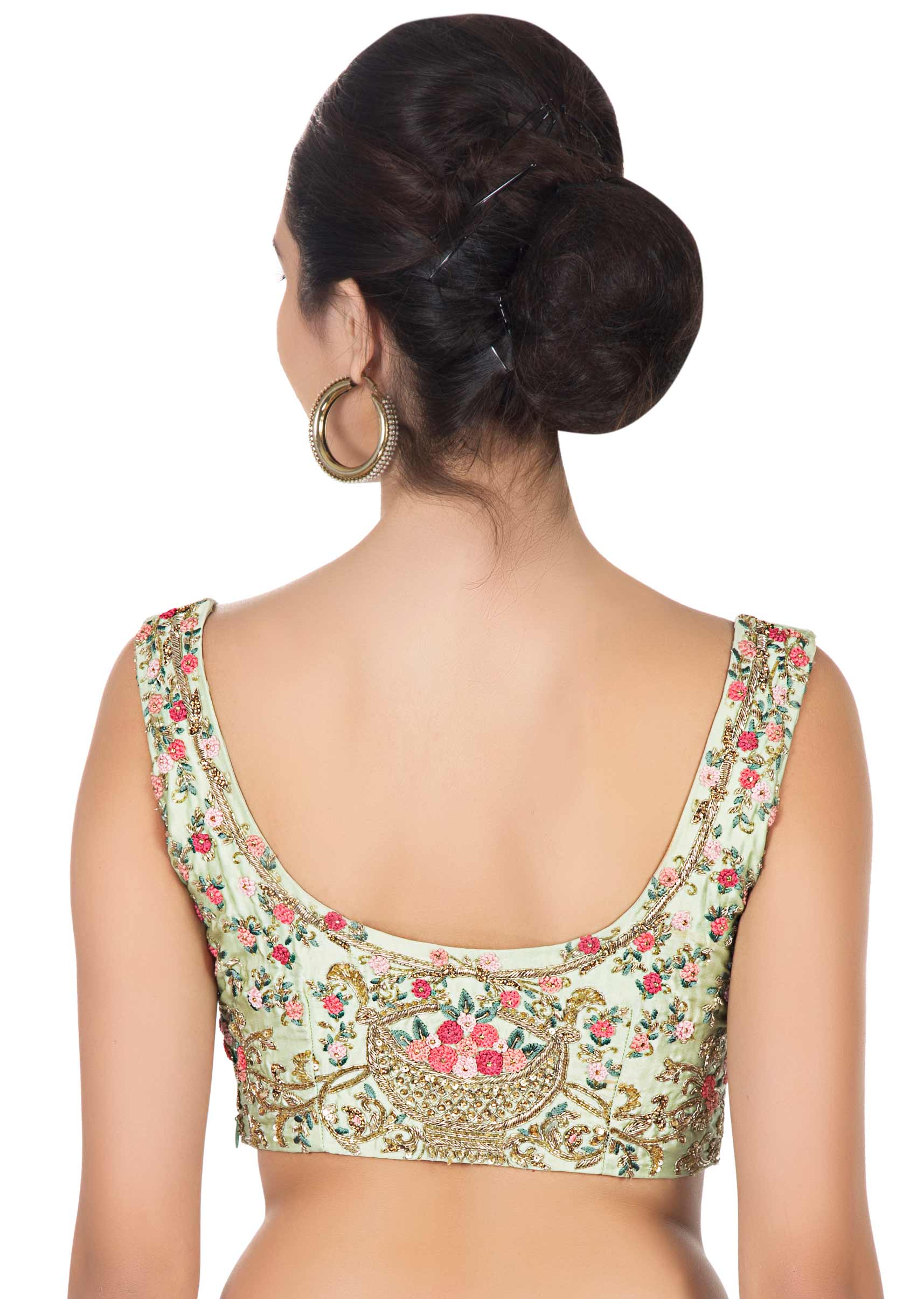Mint green saree in french knot work and zardosi border