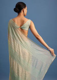 Mint Green Satin Saree With Thread And Stone Work Border With Unstitched Blouse