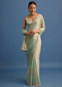 Mint Green Satin Saree With Thread And Stone Work Border With Unstitched Blouse