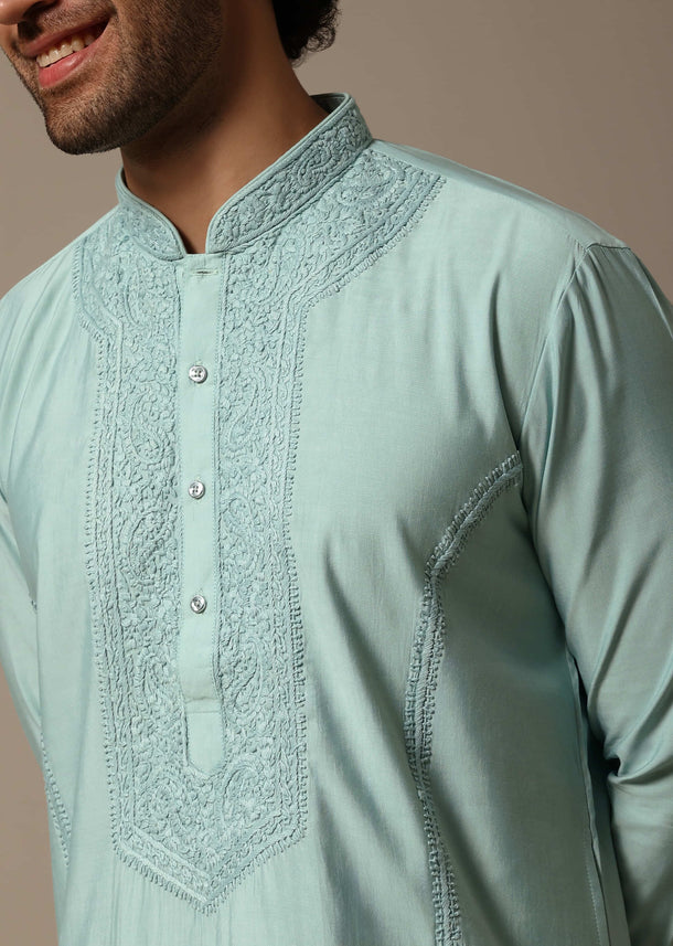 Mint Green Threadwork Silk Kurta Set For Men