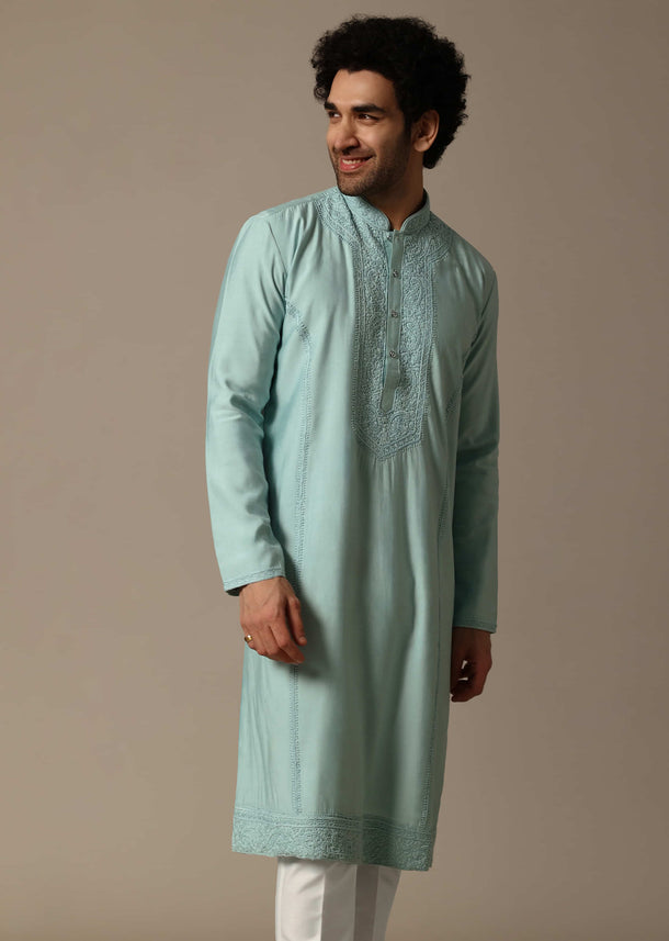 Mint Green Threadwork Silk Kurta Set For Men