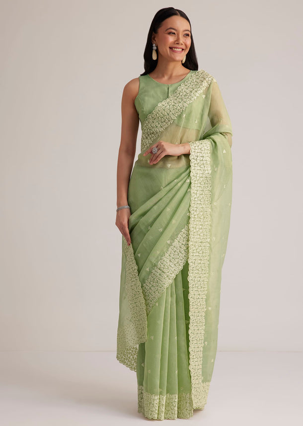 Mint Green Tissue Silk Sequins Saree With Scallop Border