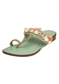 Mint Kolhapuri Cushioned Flat Footwear With Floral Embellishment