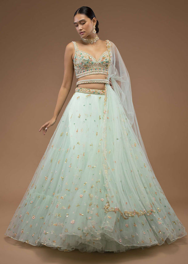 Mint Lehenga And A Crop Top Set Crafted In Net With Sequins And Resham Work