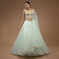 Mint Lehenga And A Crop Top Set Crafted In Net With Sequins And Resham Work