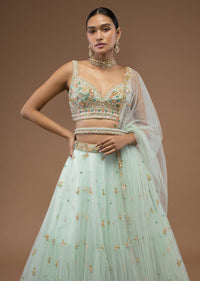 Mint Lehenga And A Crop Top Set Crafted In Net With Sequins And Resham Work