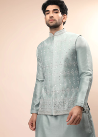 Mint Nehru Jacket And Kurta Set With Resham And Mirror Embroidered Tribal Buttis