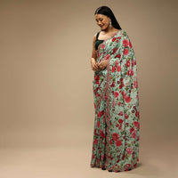 Mint Saree In Cotton Silk With Contrasting Floral Print And Gotta Embroidered Scallop Border