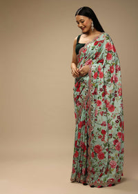 Mint Saree In Cotton Silk With Contrasting Floral Print And Gotta Embroidered Scallop Border