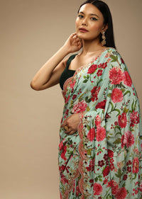 Mint Saree In Cotton Silk With Contrasting Floral Print And Gotta Embroidered Scallop Border