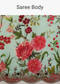 Mint Saree In Cotton Silk With Contrasting Floral Print And Gotta Embroidered Scallop Border