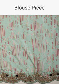Mint Saree In Cotton Silk With Contrasting Floral Print And Gotta Embroidered Scallop Border