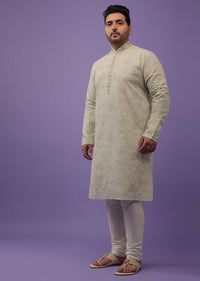 Mist Green Embroidered Kurta Set With Vintage Floral Print In Silk