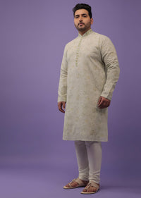 Mist Green Embroidered Kurta Set With Vintage Floral Print