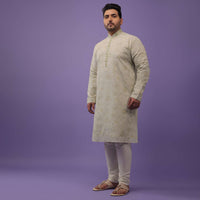 Mist Green Embroidered Kurta Set With Vintage Floral Print In Silk