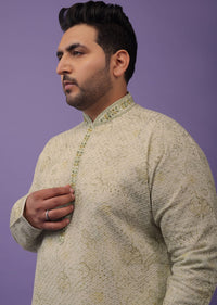 Mist Green Embroidered Kurta Set With Vintage Floral Print