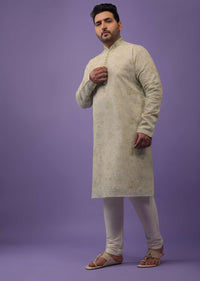 Mist Green Embroidered Kurta Set With Vintage Floral Print In Silk