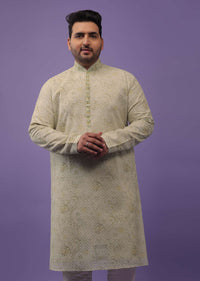 Mist Green Embroidered Kurta Set With Vintage Floral Print In Silk