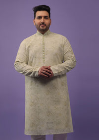 Mist Green Embroidered Kurta Set With Vintage Floral Print