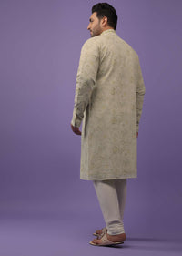 Mist Green Embroidered Kurta Set With Vintage Floral Print In Silk