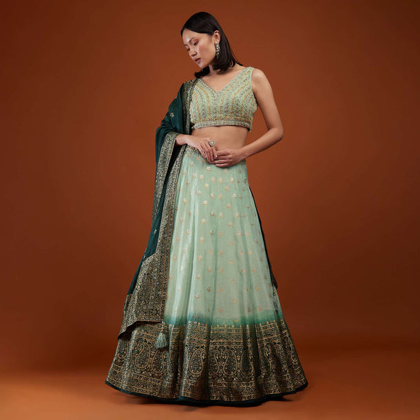 Sea Green Lehenga Set With Weave And Embroidery