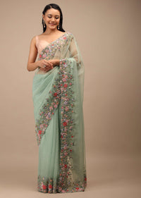 Mist Green Organza Saree In Multi-Color Resham Work Embroidery Detailing On The Border,