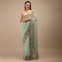 Mist Green Organza Saree In Multi-Color Resham Work Embroidery Detailing On The Border,
