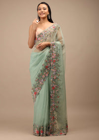 Mist Green Organza Saree In Multi-Color Resham Work Embroidery Detailing On The Border,