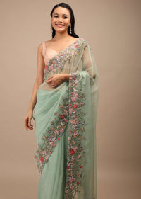 Mist Green Organza Saree In Multi-Color Resham Work Embroidery Detailing On The Border,