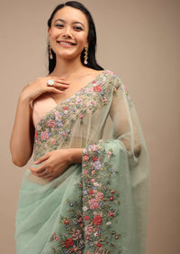 Mist Green Organza Saree In Multi-Color Resham Work Embroidery Detailing On The Border,