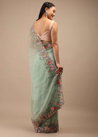 Mist Green Organza Saree In Multi-Color Resham Work Embroidery Detailing On The Border,