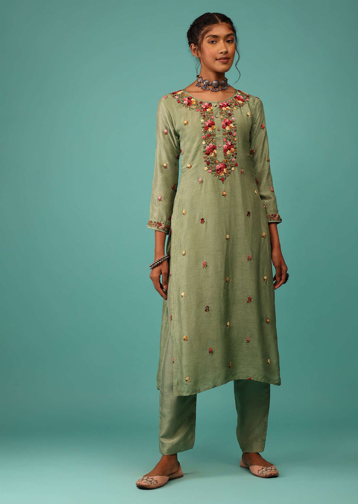 Pista Green Kurta Set In Dola Silk With Kashmiri Thread Embroidery & 3D Floral Work