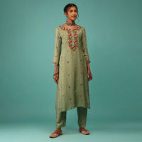 Pista Green Kurta Set In Dola Silk With Kashmiri Thread Embroidery & 3D Floral Work