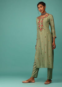 Pista Green Kurta Set In Dola Silk With Kashmiri Thread Embroidery & 3D Floral Work