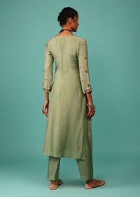 Pista Green Kurta Set In Dola Silk With Kashmiri Thread Embroidery & 3D Floral Work