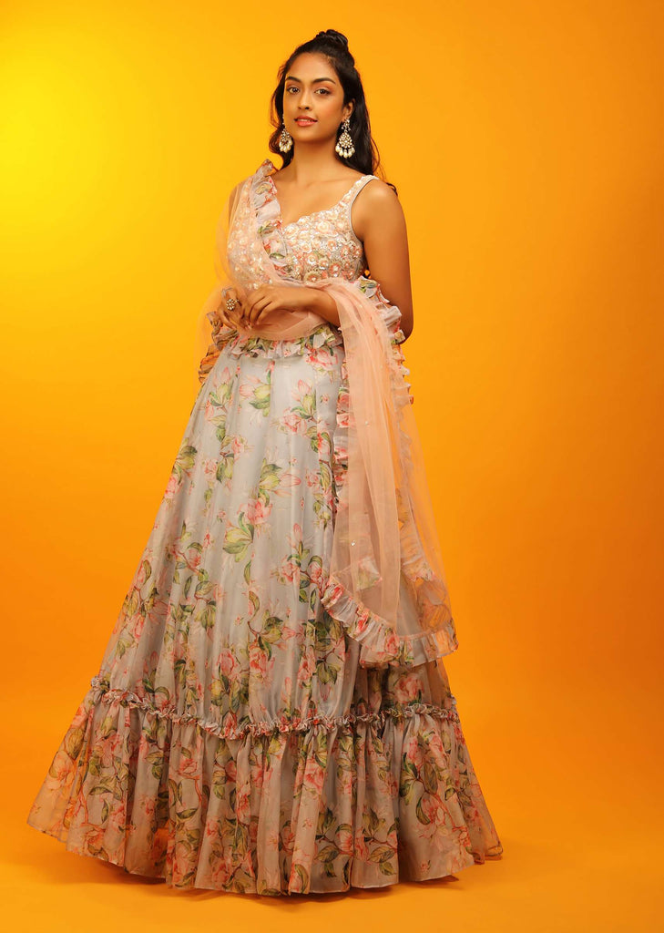 Misty Grey Lehenga In Sheer Organza With Floral Print And Sequins Embroidered Sleeveless Choli