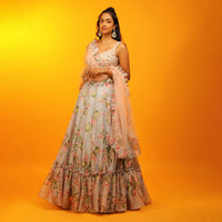 Misty Grey Lehenga In Sheer Organza With Floral Print And Sequins Embroidered Sleeveless Choli