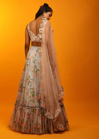 Misty Grey Lehenga In Sheer Organza With Floral Print And Sequins Embroidered Sleeveless Choli