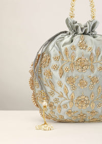 Misty Grey Potli In Satin With Hand Embroidery Detailing Using Zardosi And Moti Embroidered Floral Design