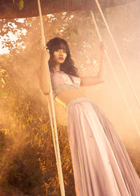 Misty Rose Pink Palazzo And Crop Top With Attached Satin Drape And Multi Colored Bead Work