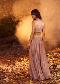 Misty Rose Pink Palazzo And Crop Top With Attached Satin Drape And Multi Colored Bead Work