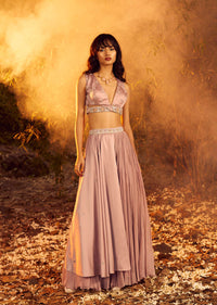 Misty Rose Pink Palazzo And Crop Top With Attached Satin Drape And Multi Colored Bead Work