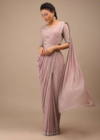 Misty Rose Pleated Saree In Lycra Blend Detailed With Embroidery Work On Pallu Border And Moroccan Jaal