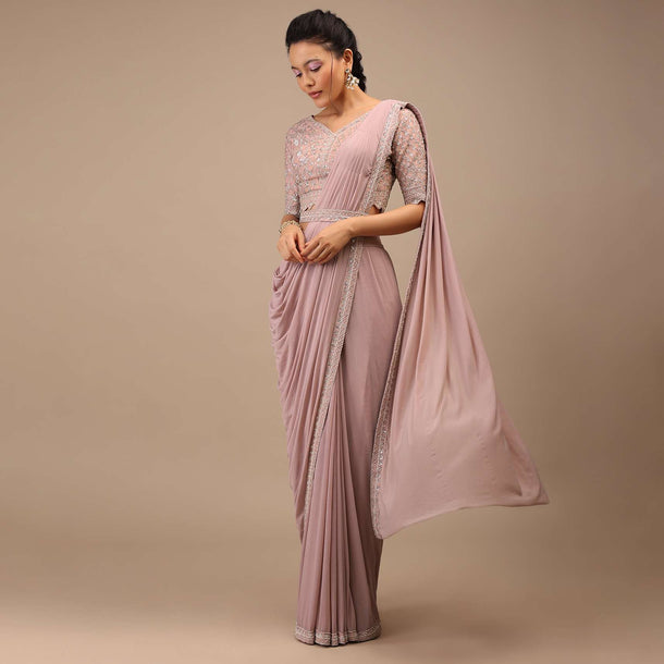 Misty Rose Pleated Saree In Lycra Blend Detailed With Embroidery Work On Pallu Border And Moroccan Jaal